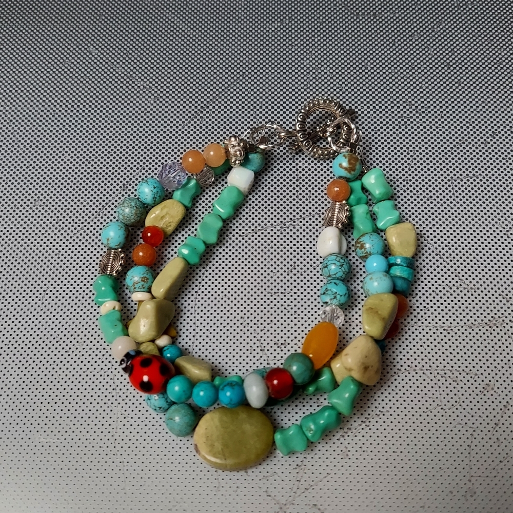 Lucky lady bug turquoise gem bracelet 3 strands of color